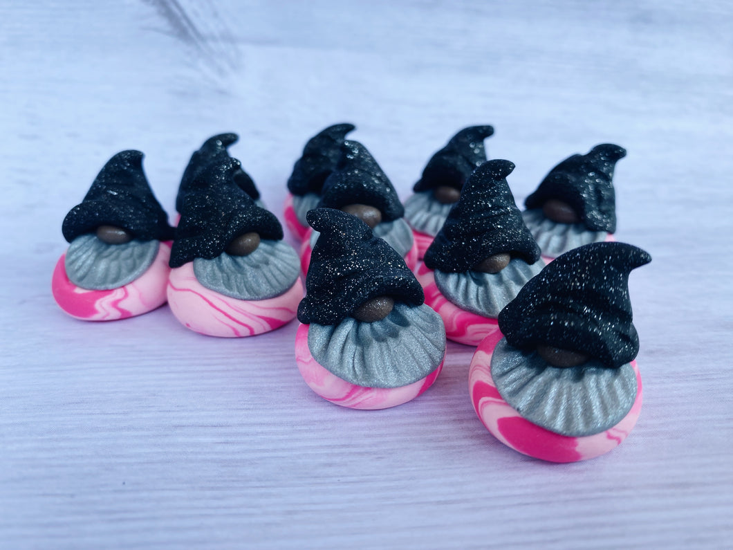 Glitter Wizard Black Hat and Pink Swirl Gnomes