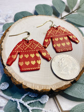 Load image into Gallery viewer, Copy of Large Red and Gold Christmas Sweater Hearts Patterned Earrings
