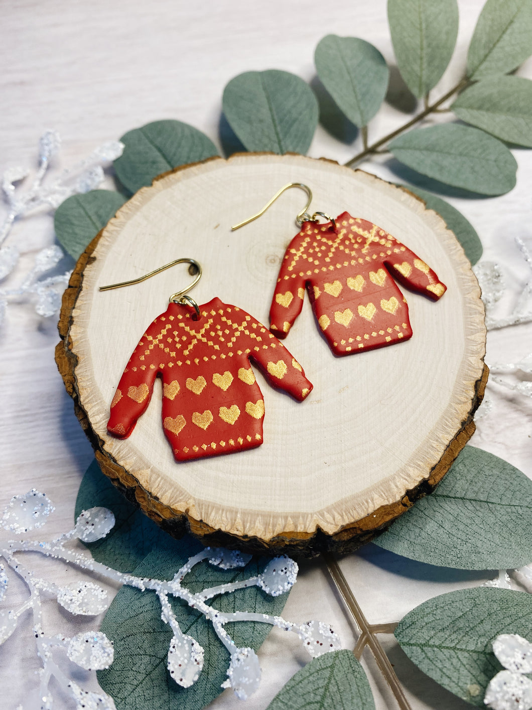 Copy of Large Red and Gold Christmas Sweater Hearts Patterned Earrings