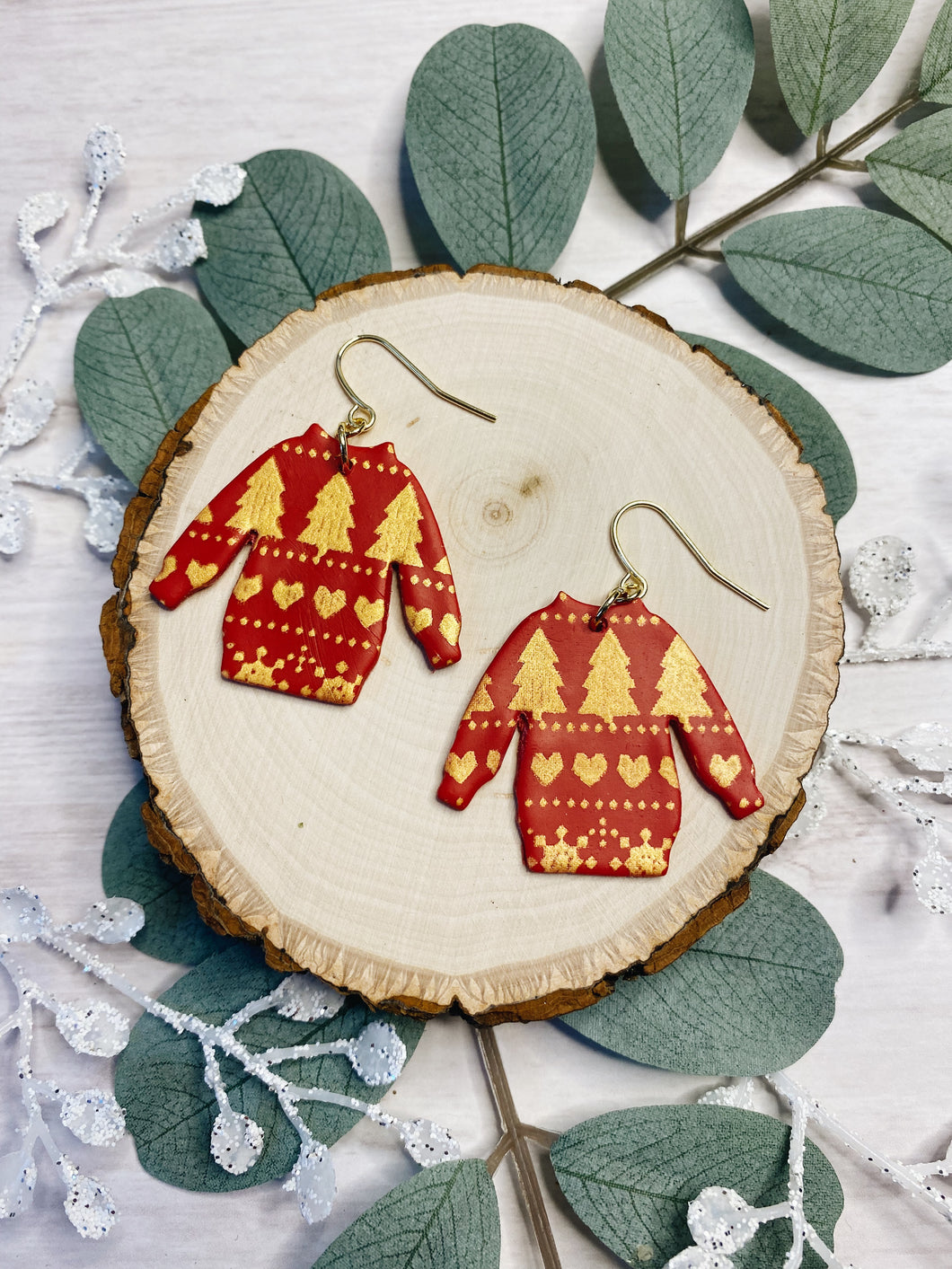 Large Red and Gold Christmas Sweater Trees Patterned Earrings