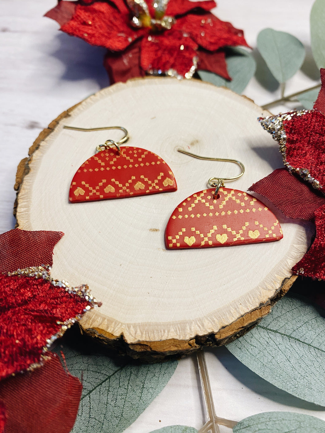 Half Moon Arch Red and Gold Christmas Pattern Earrings