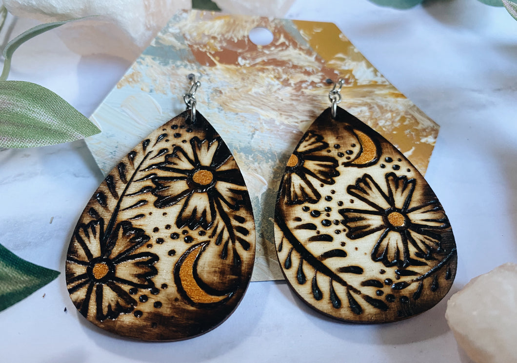 Floral Moon Pyrography Teardrop Earrings