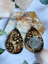 Load image into Gallery viewer, Floral Moon Pyrography Teardrop Earrings
