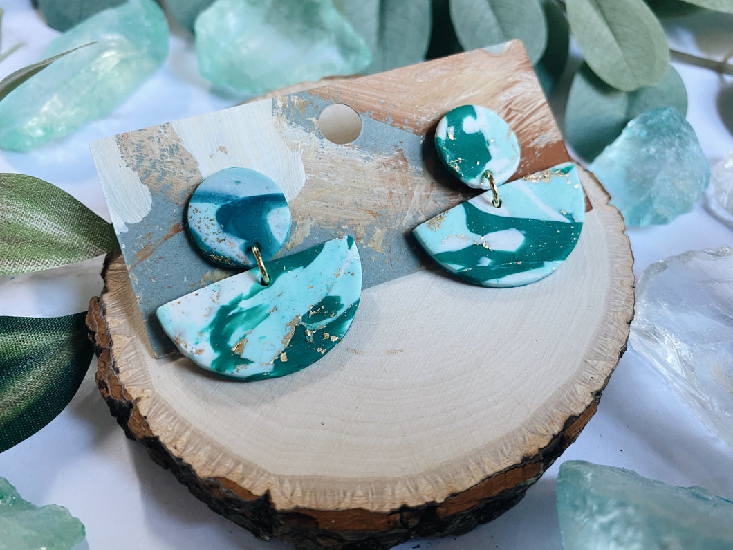 Turquoise Marbled Polymer Clay Half Moon Earrings